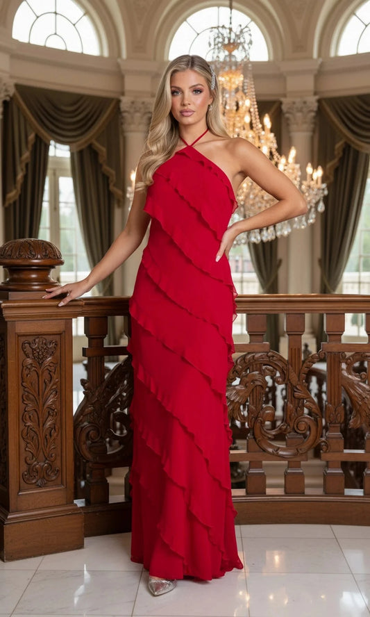 Glamorous A-Line Halter-Neck Sleeveless Open-Back Floor-Length Prom Dress