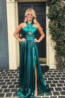 Glamorous A-Line Halter Sleeveless Open Back Sweep Train Teal Metallic Evening Dresses
