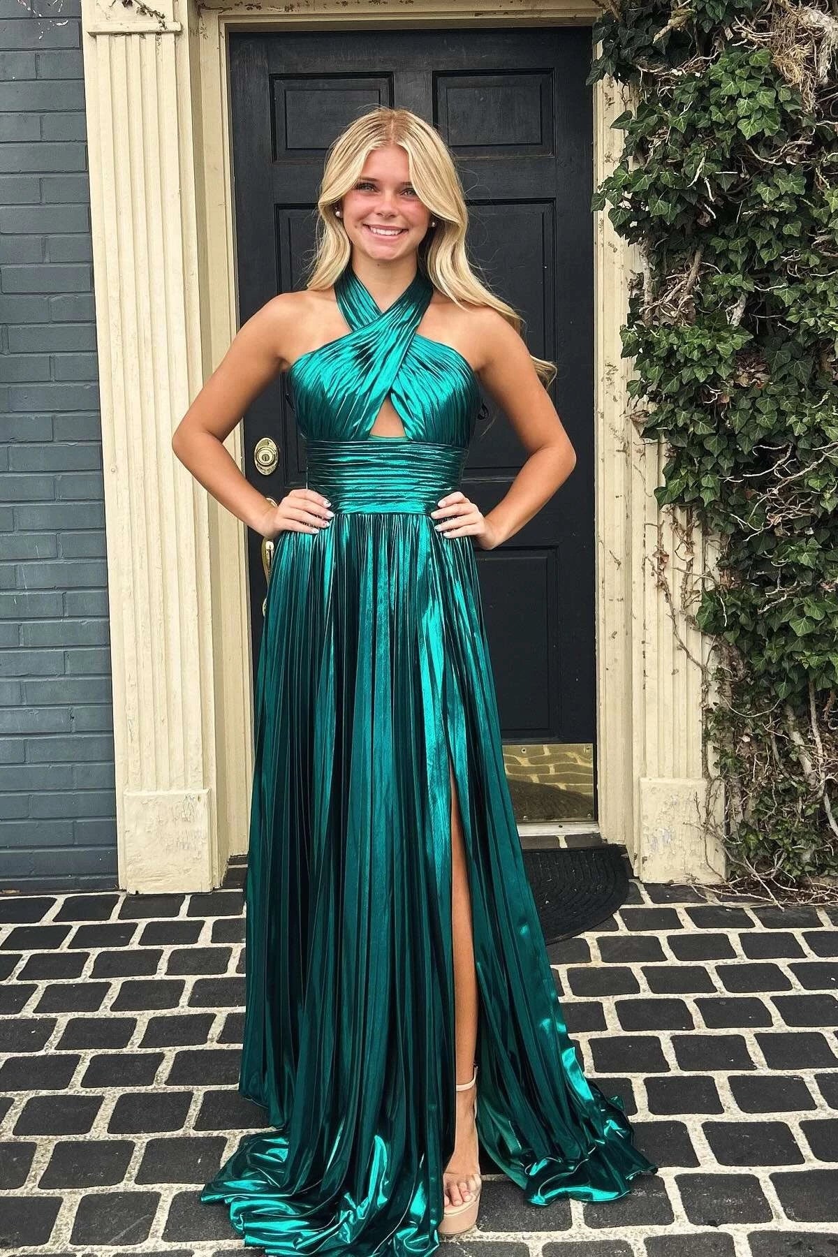 Glamorous A-Line Halter Sleeveless Open Back Sweep Train Teal Metallic Evening Dresses