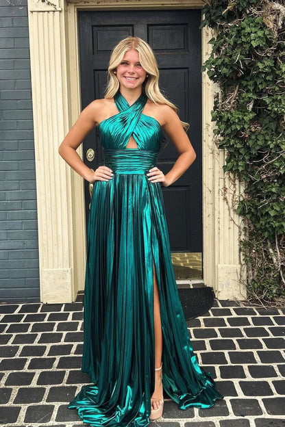 Glamorous A-Line Halter Sleeveless Open Back Sweep Train Teal Metallic Evening Dresses