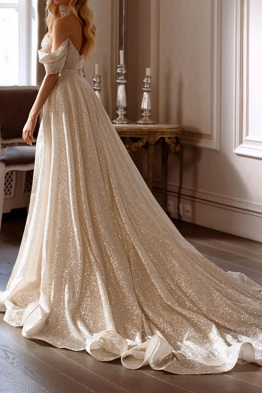 Glamorous A-Line Off Shoulder Sweetheart Sleeveless Button Back Train Length Wedding Dress