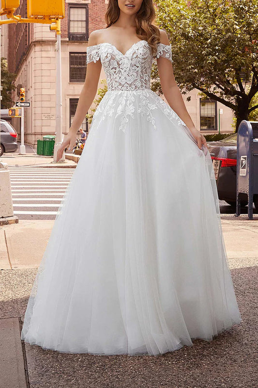Glamorous A-Line Off-the-Shoulder Cap-Sleeve Open-Back Wedding Dress