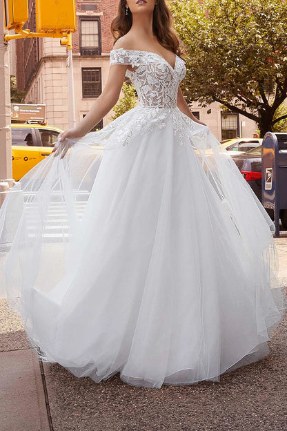 Glamorous A-Line Off-the-Shoulder Cap-Sleeve Open-Back Wedding Dress