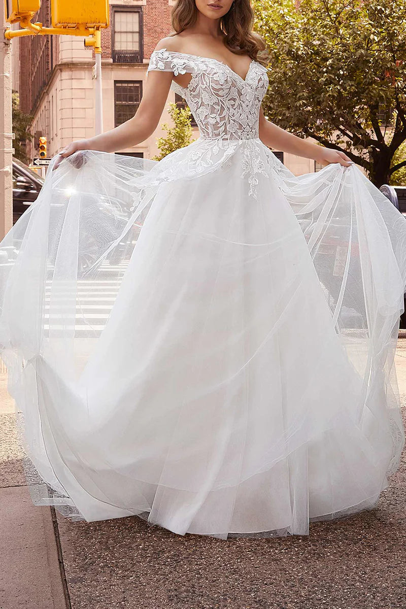 Glamorous A-Line Off-the-Shoulder Cap-Sleeve Open-Back Wedding Dress