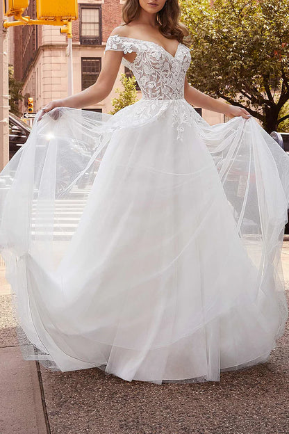 Glamorous A-Line Off-the-Shoulder Cap-Sleeve Open-Back Wedding Dress