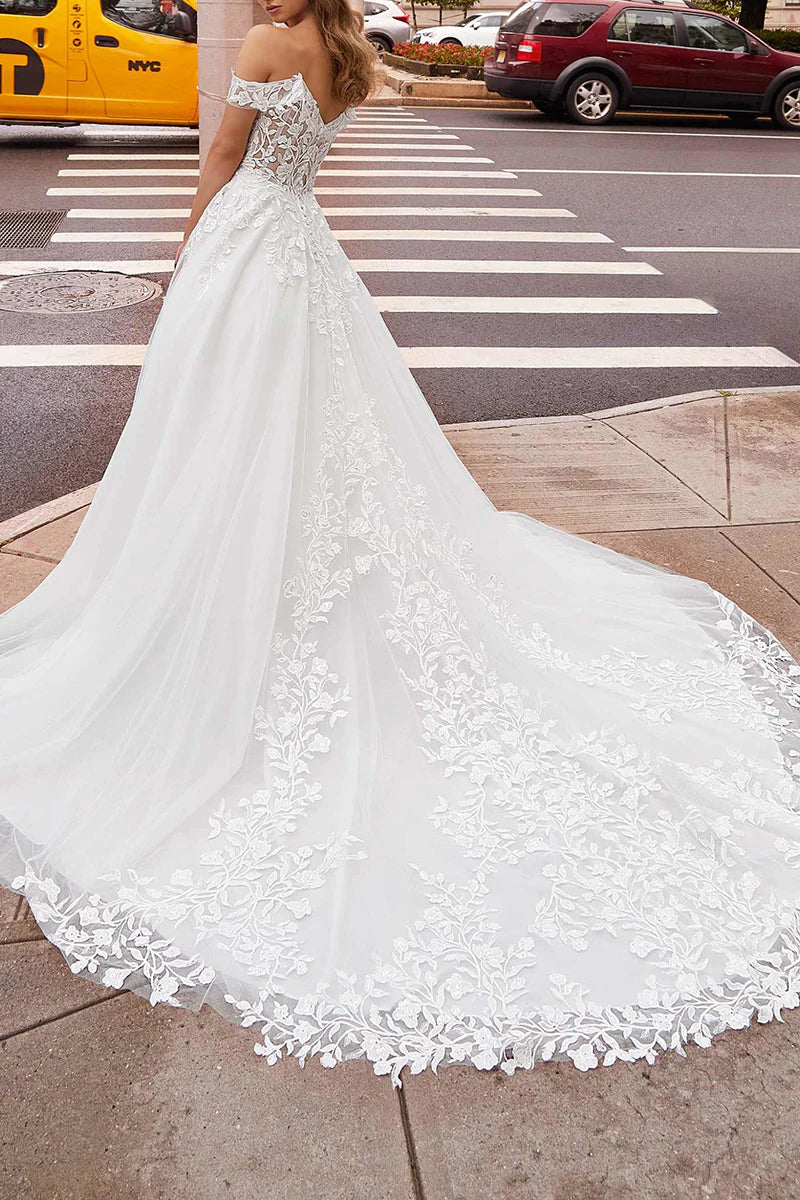 Glamorous A-Line Off-the-Shoulder Cap-Sleeve Open-Back Wedding Dress