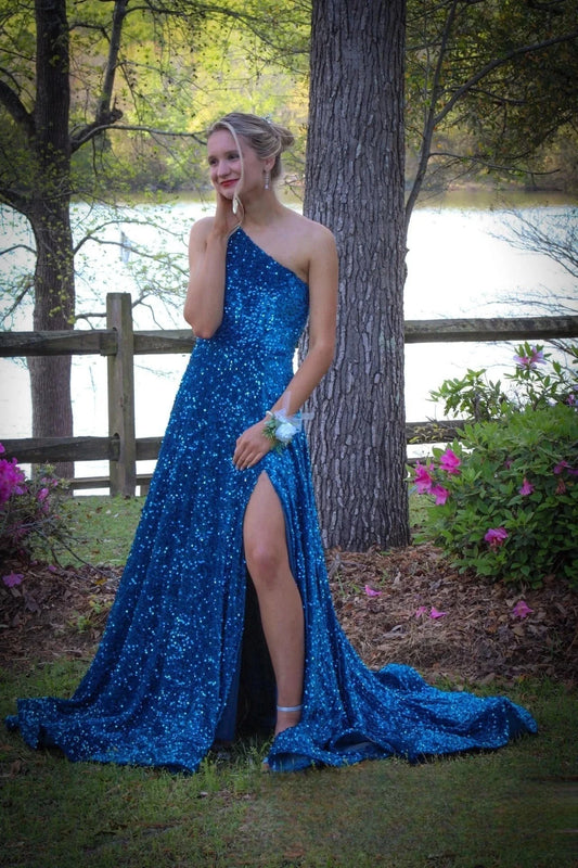 Glamorous A-Line One-Shoulder Sleeveless Open-Back Sequin High-Slit Train Evening Dress