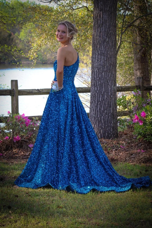 Glamorous A-Line One-Shoulder Sleeveless Open-Back Sequin High-Slit Train Evening Dress