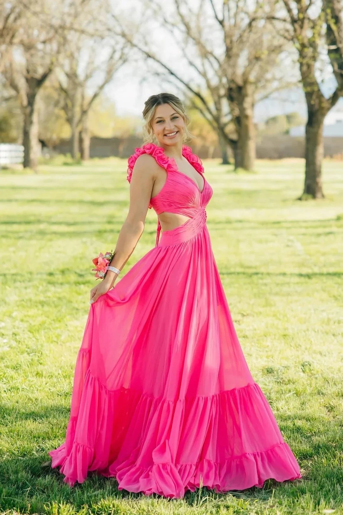 Glamorous A-Line Plunge-Neck Floral-Ruffle-Strap Cutout-Back Maxi Evening Dress
