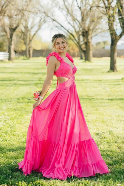 Glamorous A-Line Plunge-Neck Floral-Ruffle-Strap Cutout-Back Maxi Evening Dress