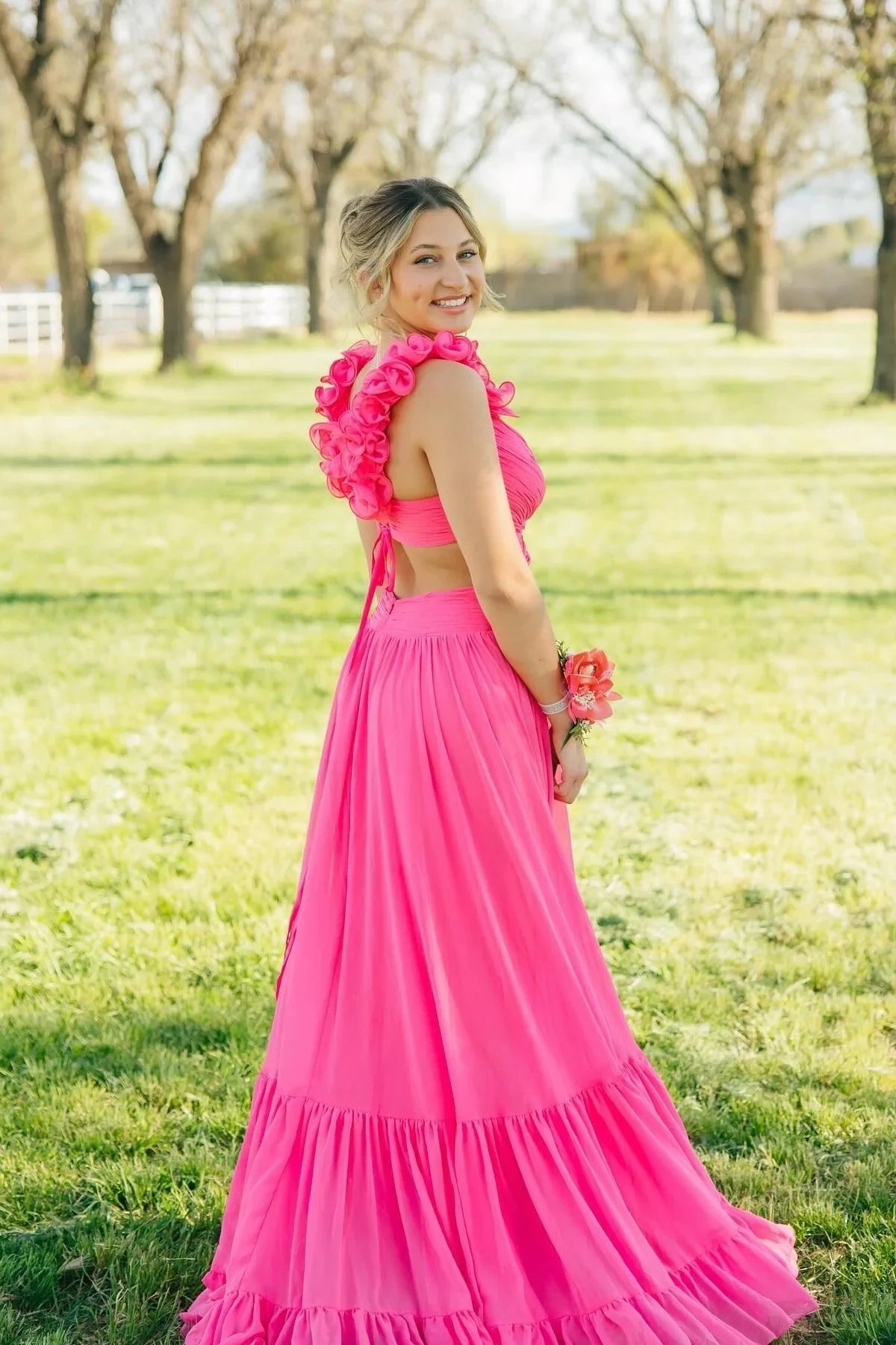 Glamorous A-Line Plunge-Neck Floral-Ruffle-Strap Cutout-Back Maxi Evening Dress