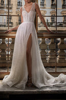 Glamorous A-Line Plunge-V-Neck Sleeveless Open-Back Train-Length Wedding Dress