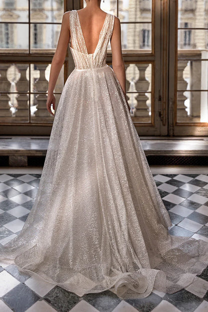 Glamorous A-Line Plunge-V-Neck Sleeveless Open-Back Train-Length Wedding Dress