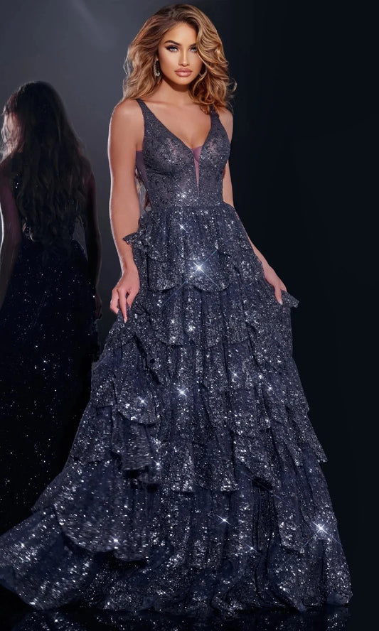 Glamorous A-Line Plunging-V Sleeveless Open-Back Floor-Length Prom Dress
