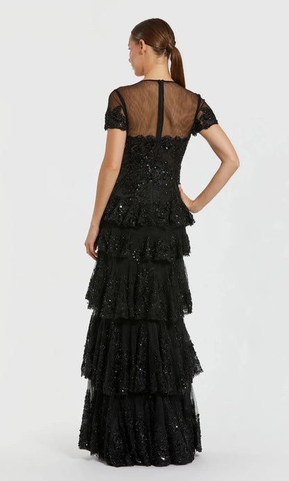 Glamorous A-Line Round-Neck Short-Sleeve Open-Back Floor-Length Prom Dress