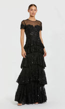 Glamorous A-Line Round-Neck Short-Sleeve Open-Back Floor-Length Prom Dress