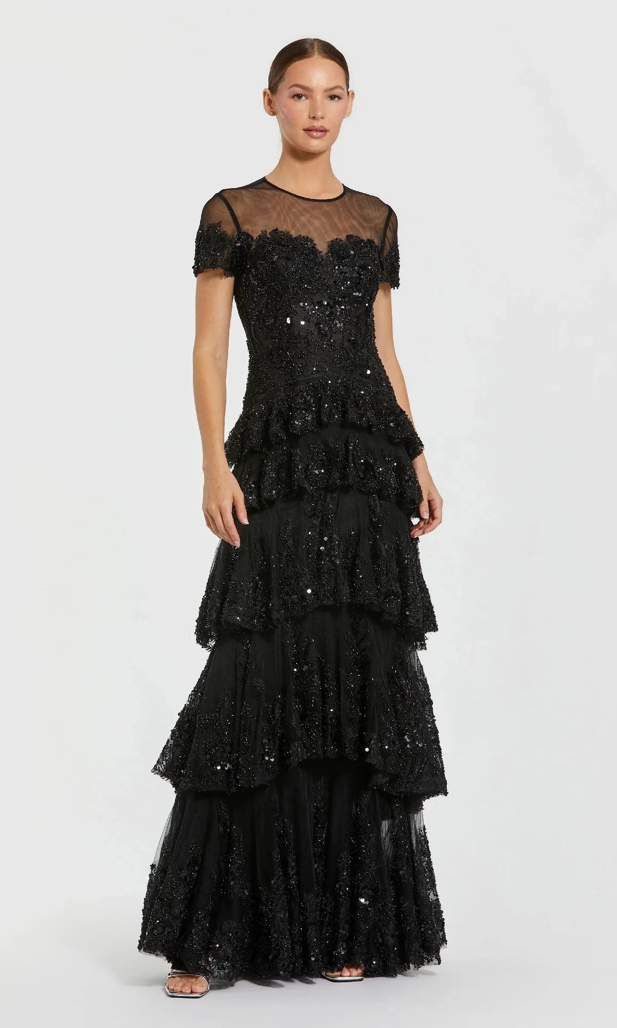 Glamorous A-Line Round-Neck Short-Sleeve Open-Back Floor-Length Prom Dress