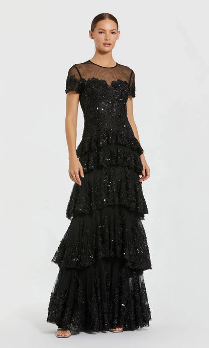 Glamorous A-Line Round-Neck Short-Sleeve Open-Back Floor-Length Prom Dress