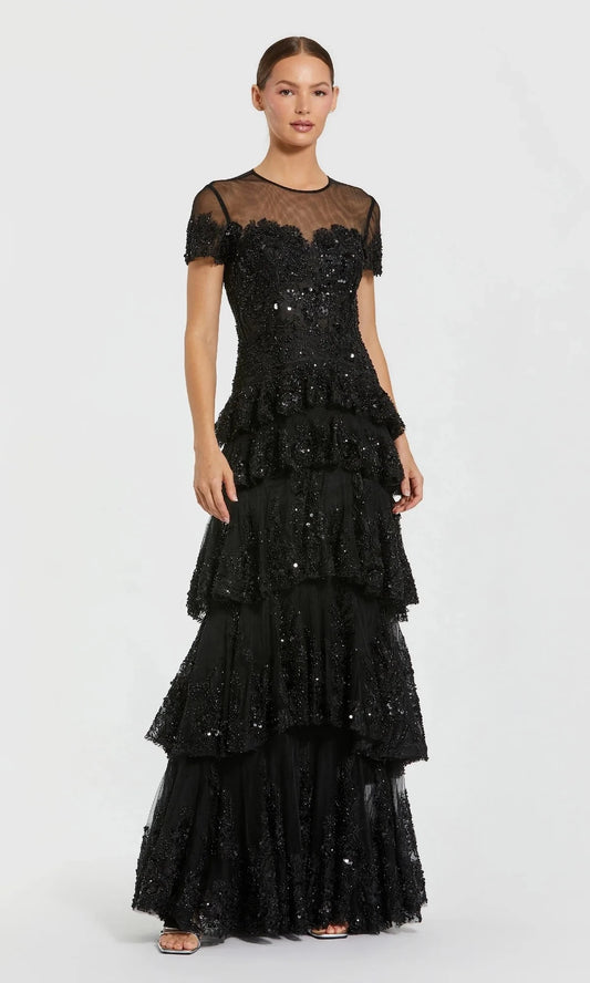 Glamorous A-Line Round-Neck Short-Sleeve Open-Back Floor-Length Prom Dress