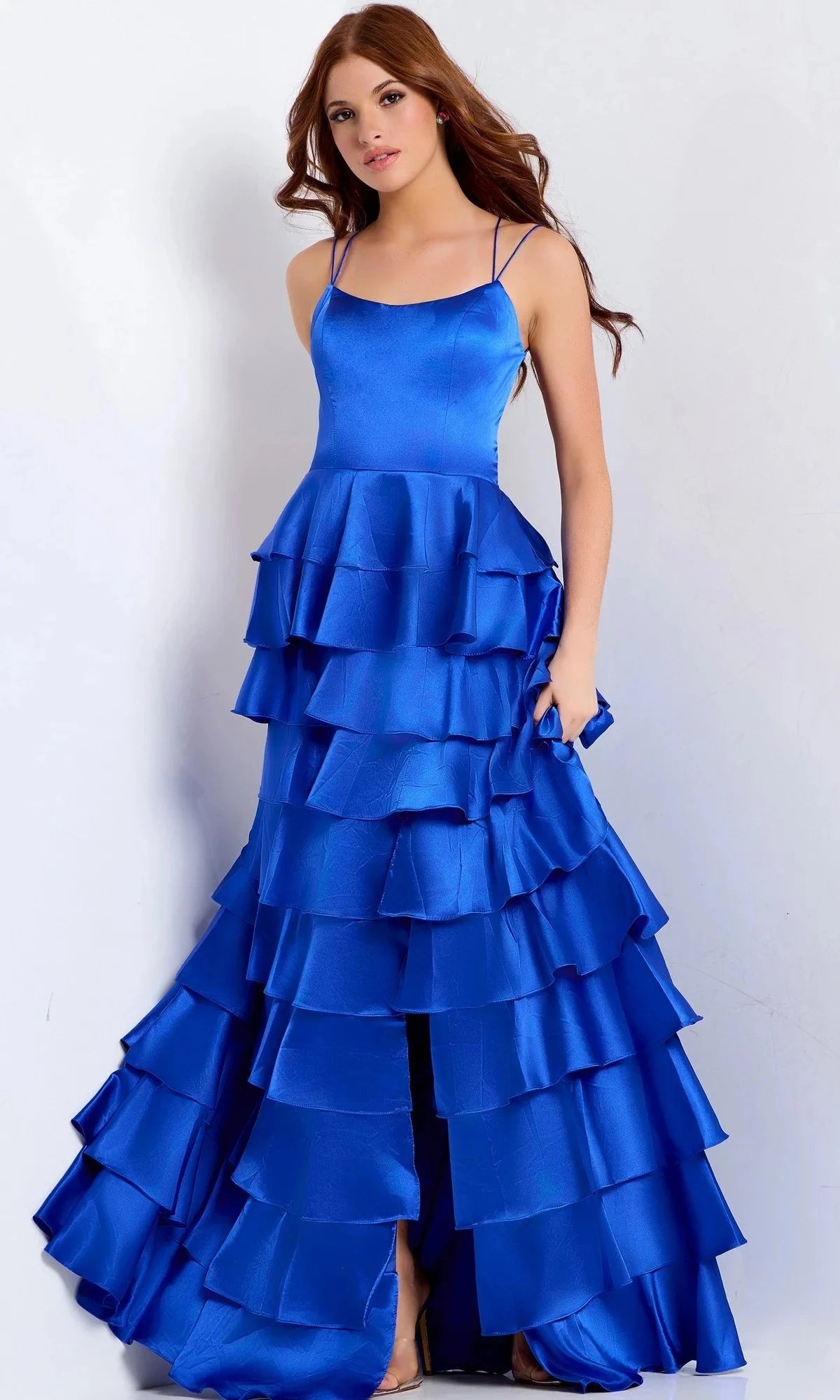 Glamorous A-Line Scoop-Neck Spaghetti-Strap Crisscross-Back High-Slit Floor-Length Prom Dress
