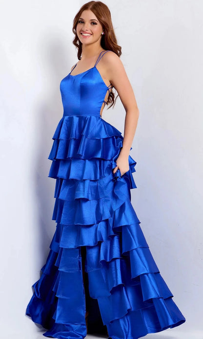 Glamorous A-Line Scoop-Neck Spaghetti-Strap Crisscross-Back High-Slit Floor-Length Prom Dress
