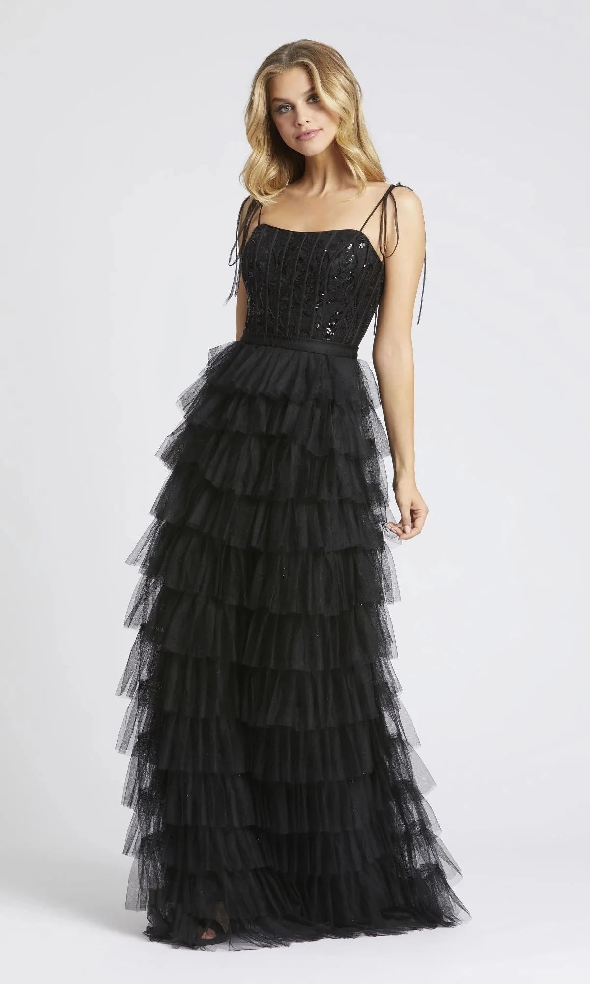 Glamorous A-Line Square-Neck Tie-Strap Open-Back Floor-Length Prom Dress
