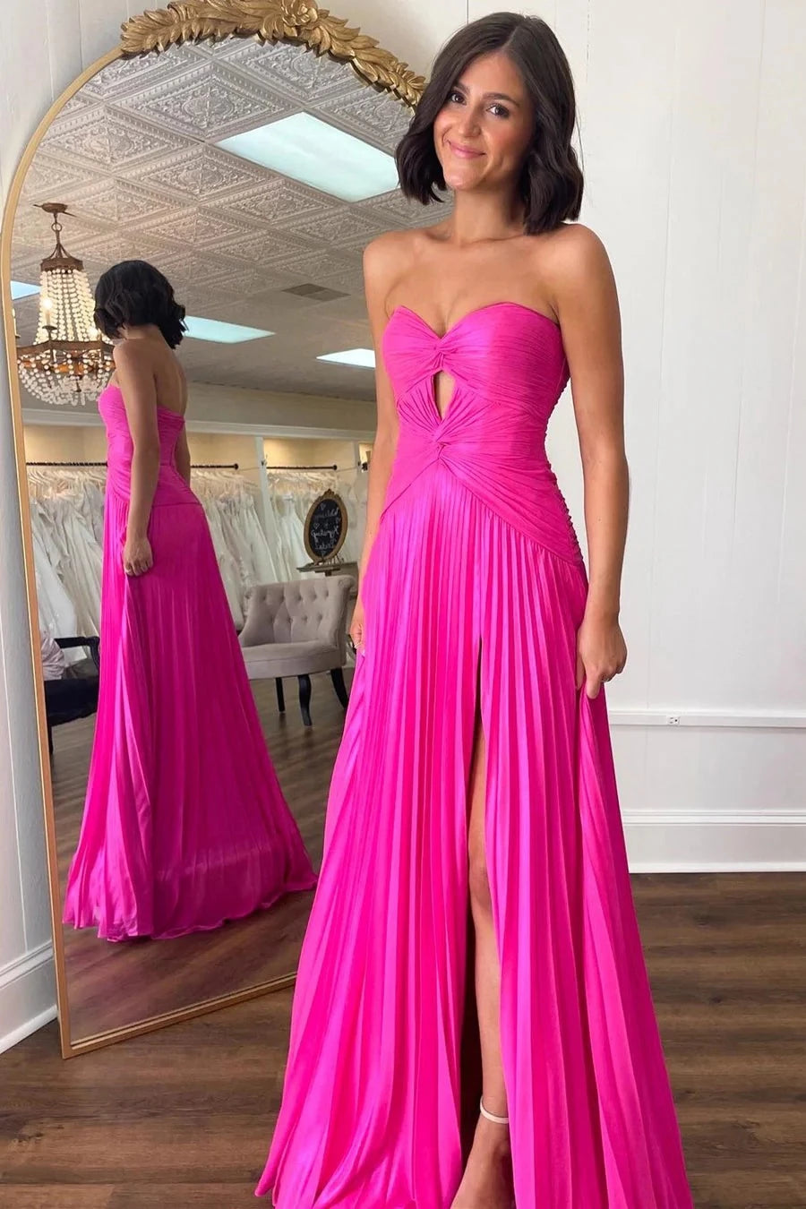 Glamorous A-Line Strapless Sleeveless Open Back Floor-Length Hot Pink Pleated Evening Dresses