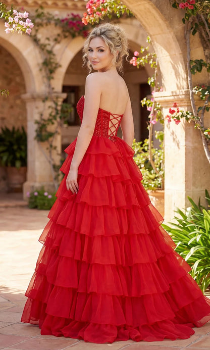 Glamorous A-Line Strapless Sweetheart Lace-Up-Back High-Slit Floor-Length Prom Dress