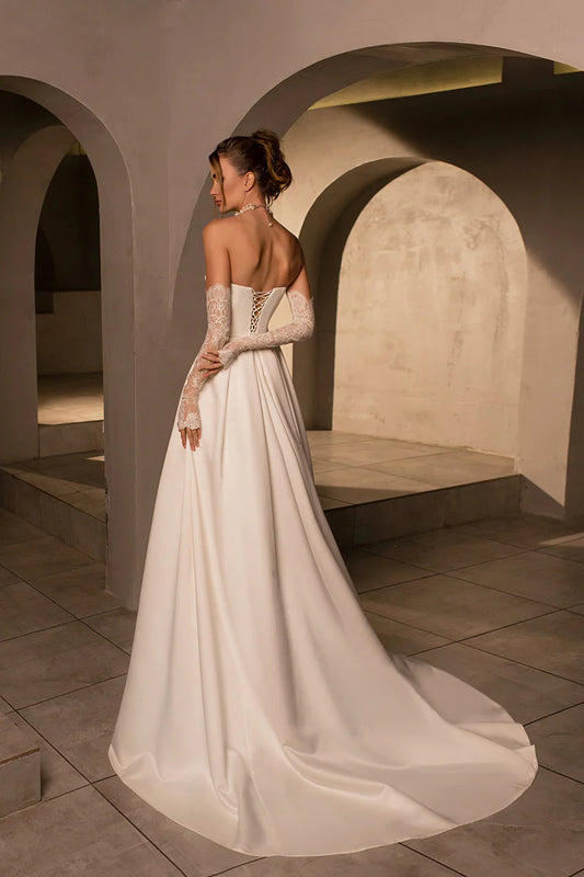 Glamorous A-Line Sweetheart Detachable Lace Sleeve Lace Up Back Train Length Wedding Dress