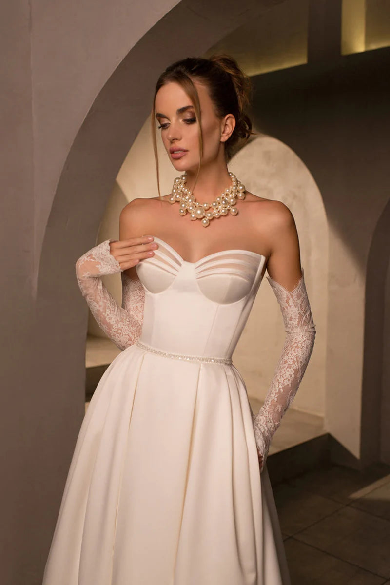 Glamorous A-Line Sweetheart Detachable Lace Sleeve Lace Up Back Train Length Wedding Dress
