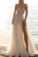 Glamorous A-Line Sweetheart Detachable Off Shoulder Sleeve Illusion Back Train Length Wedding Dress