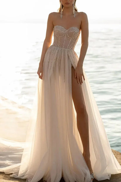 Glamorous A-Line Sweetheart Detachable Off Shoulder Sleeve Illusion Back Train Length Wedding Dress