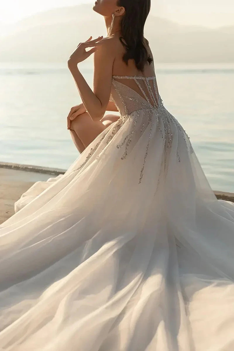 Glamorous A-Line Sweetheart Detachable Off Shoulder Sleeve Illusion Back Train Length Wedding Dress