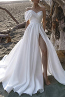 Glamorous A-Line Sweetheart Off-Shoulder Open-Back Train-Length Wedding Dress