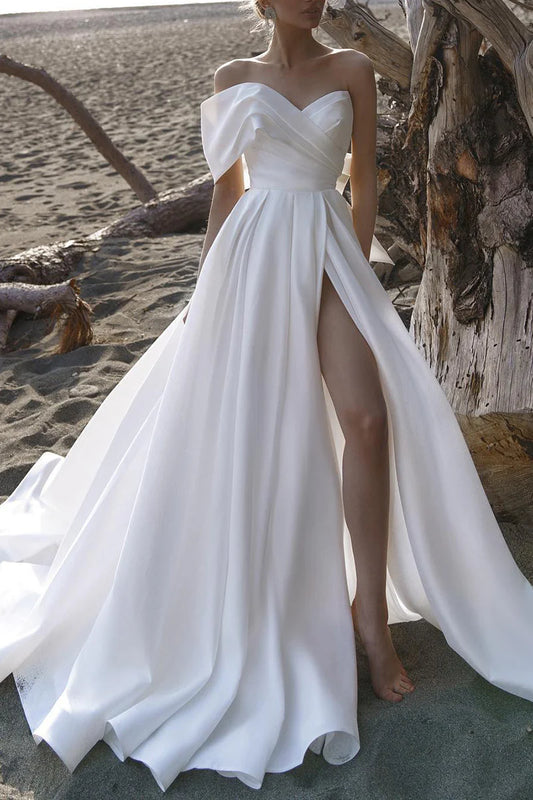 Glamorous A-Line Sweetheart Off-Shoulder Open-Back Train-Length Wedding Dress