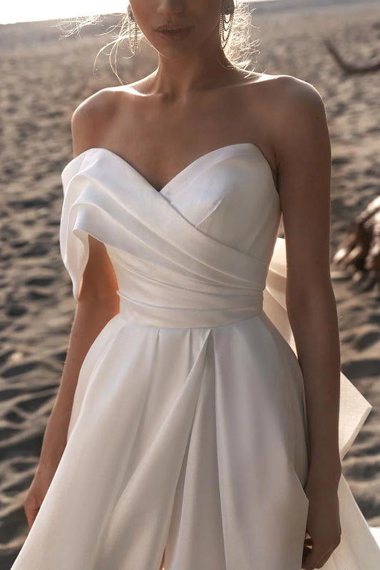 Glamorous A-Line Sweetheart Off-Shoulder Open-Back Train-Length Wedding Dress