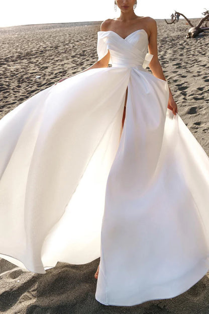 Glamorous A-Line Sweetheart Off-Shoulder Open-Back Train-Length Wedding Dress