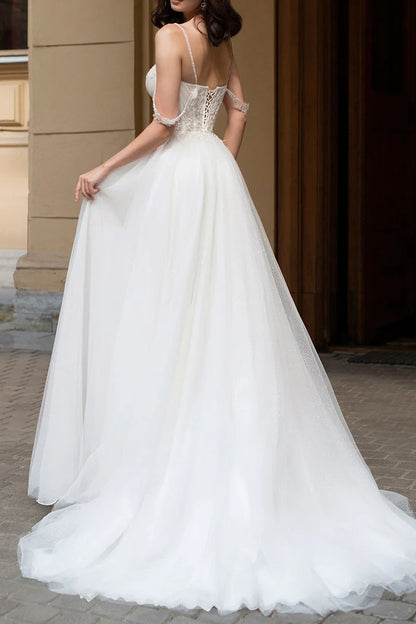 Glamorous A-Line Sweetheart Spaghetti Strap Lace-Up Court Train Wedding Dress