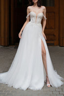 Glamorous A-Line Sweetheart Spaghetti Strap Lace-Up Court Train Wedding Dress