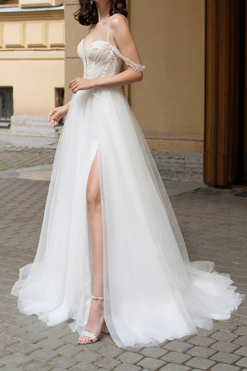 Glamorous A-Line Sweetheart Spaghetti Strap Lace-Up Court Train Wedding Dress