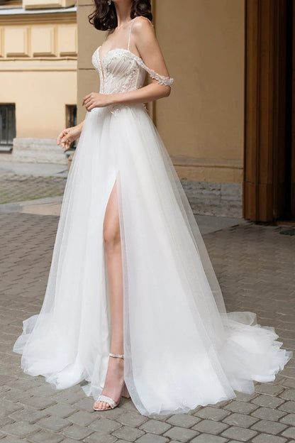 Glamorous A-Line Sweetheart Spaghetti Strap Lace-Up Court Train Wedding Dress