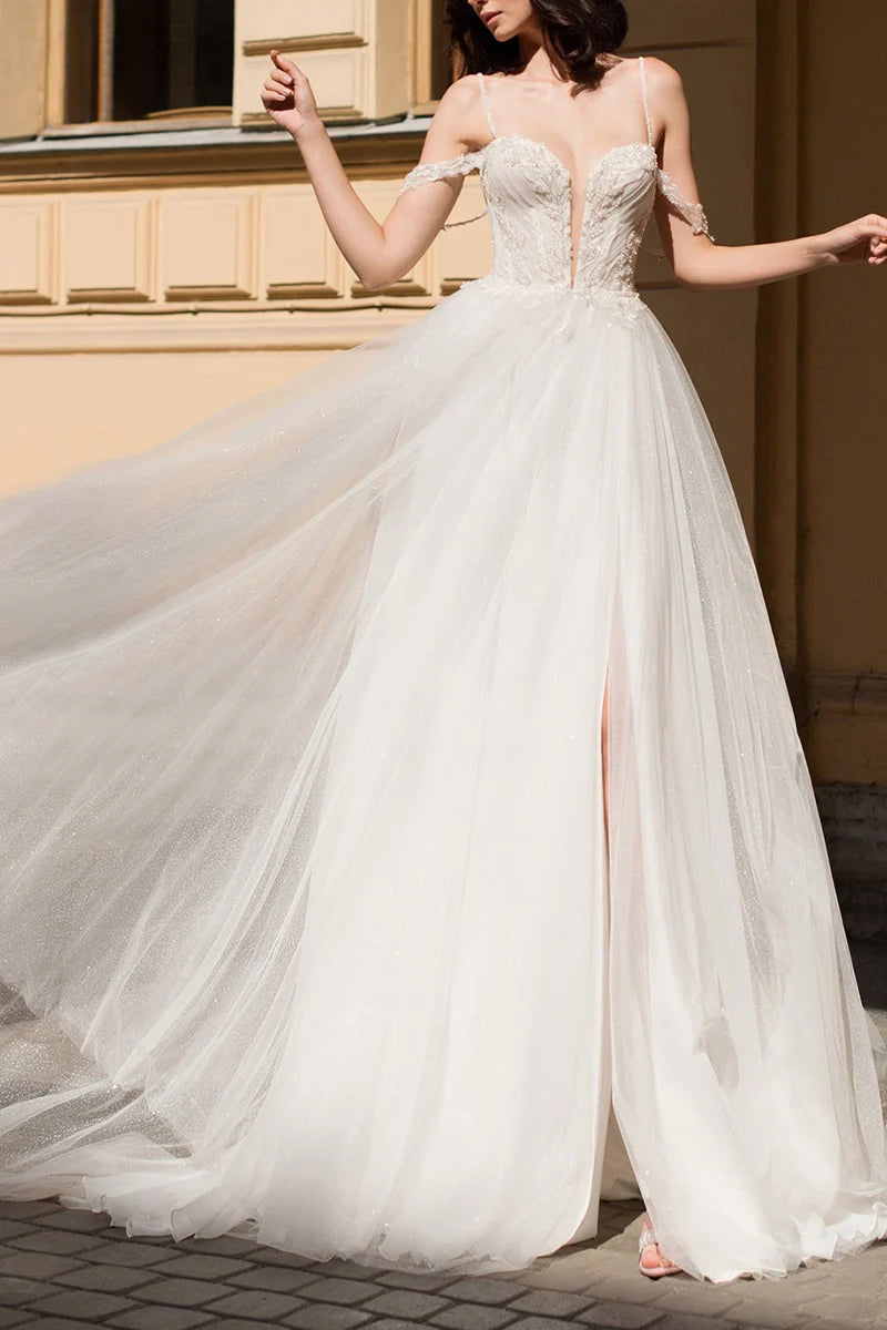 Glamorous A-Line Sweetheart Spaghetti Strap Lace-Up Court Train Wedding Dress