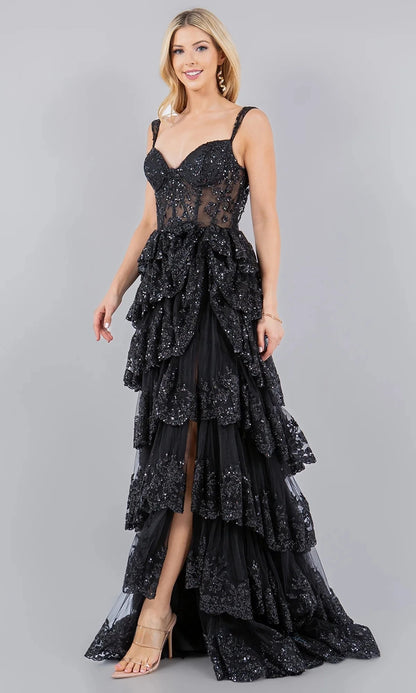 Glamorous A-Line Sweetheart Spaghetti-Strap Open-Back High-Slit Floor-Length Prom Dress