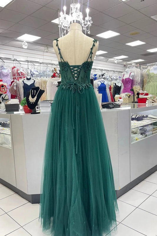 Glamorous A-Line Sweetheart Spaghetti Straps Lace Up Back Floor-Length Emerald Green Beaded Tulle Evening Dresses