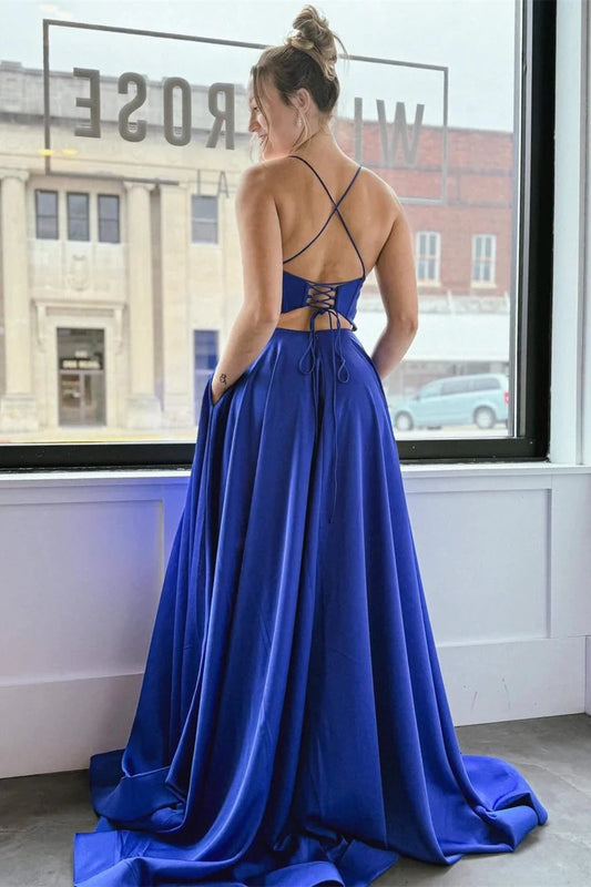 Glamorous A-Line Sweetheart Spaghetti Straps Lace Up Back Sweep Train Royal Blue Satin Evening Dresses