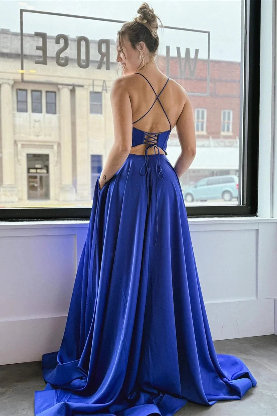 Glamorous A-Line Sweetheart Spaghetti Straps Lace Up Back Sweep Train Royal Blue Satin Evening Dresses