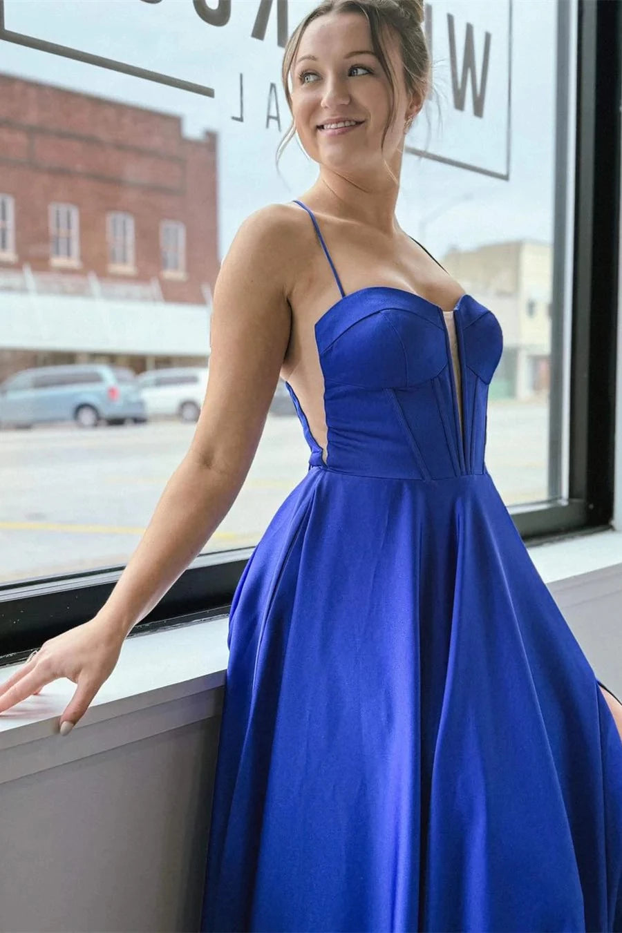 Glamorous A-Line Sweetheart Spaghetti Straps Lace Up Back Sweep Train Royal Blue Satin Evening Dresses