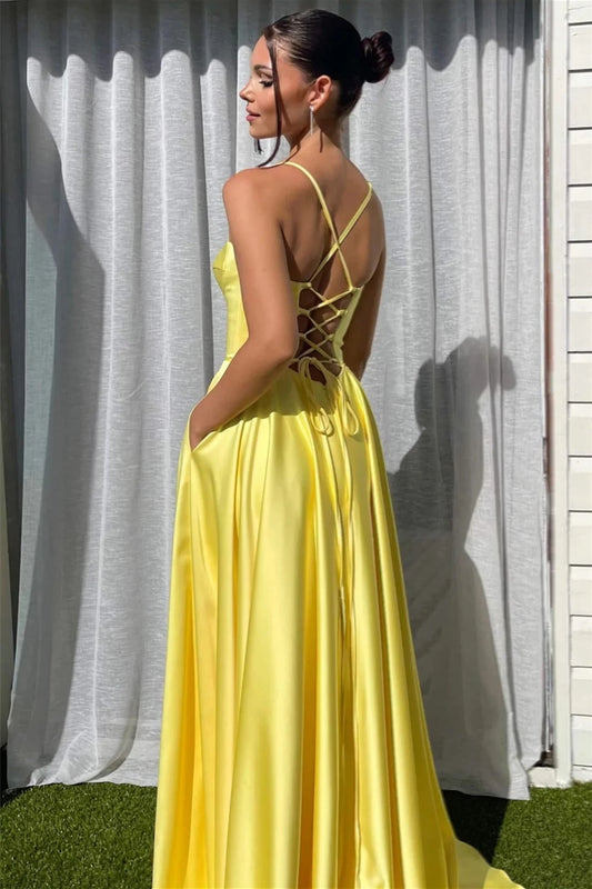 Glamorous A-Line Sweetheart Spaghetti Straps Lace Up Back Sweep Train Yellow Satin Evening Dresses