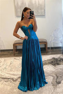 Glamorous A-Line Sweetheart Strapless Sleeveless Open Back Floor-Length Teal Metallic Evening Dresses