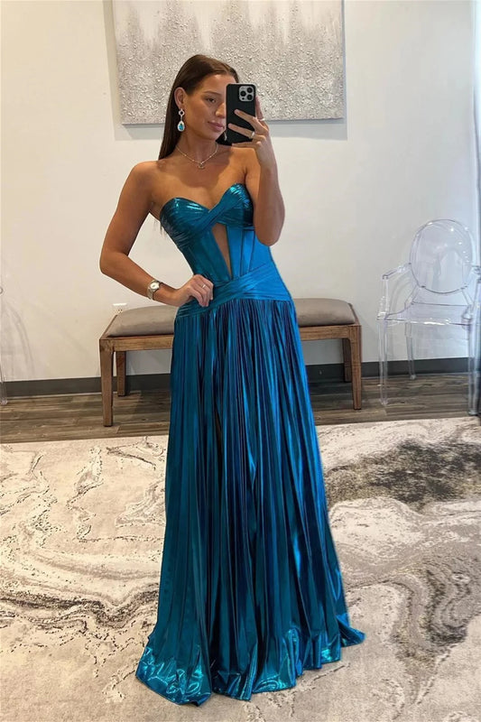 Glamorous A-Line Sweetheart Strapless Sleeveless Open Back Floor-Length Teal Metallic Evening Dresses